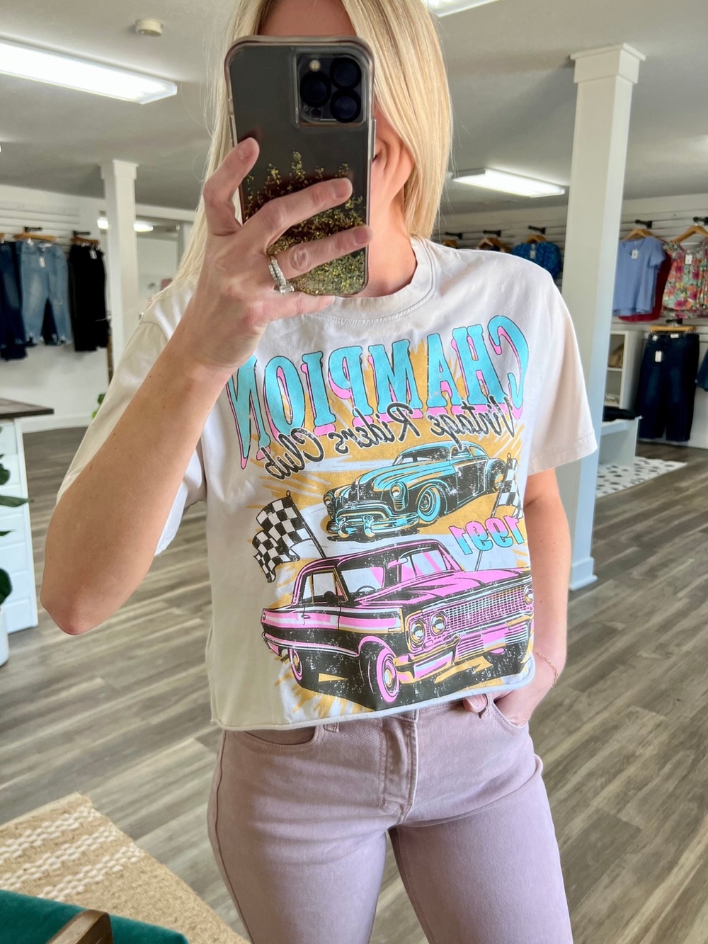 Retro Racing Graphic Tee with Pastel Car Print